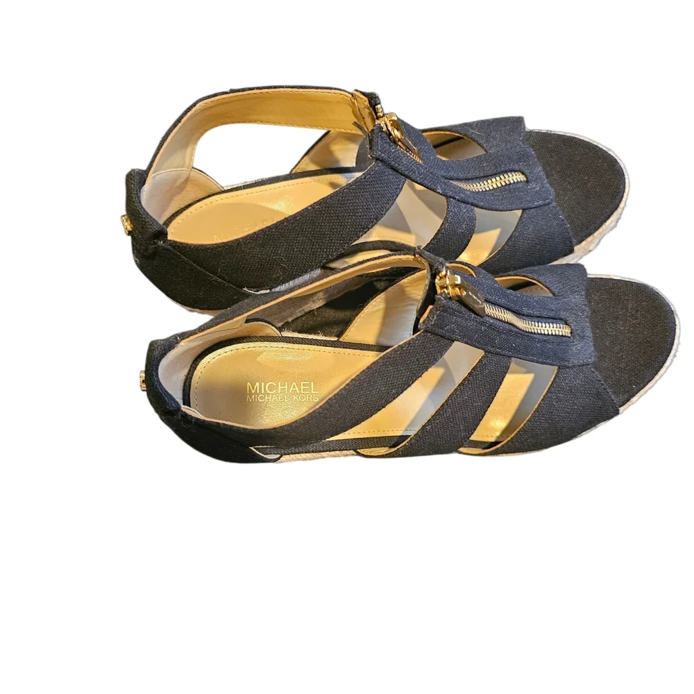 Michael Kors Black Strappy Espadrille Wedge Sandals with Gold Zip